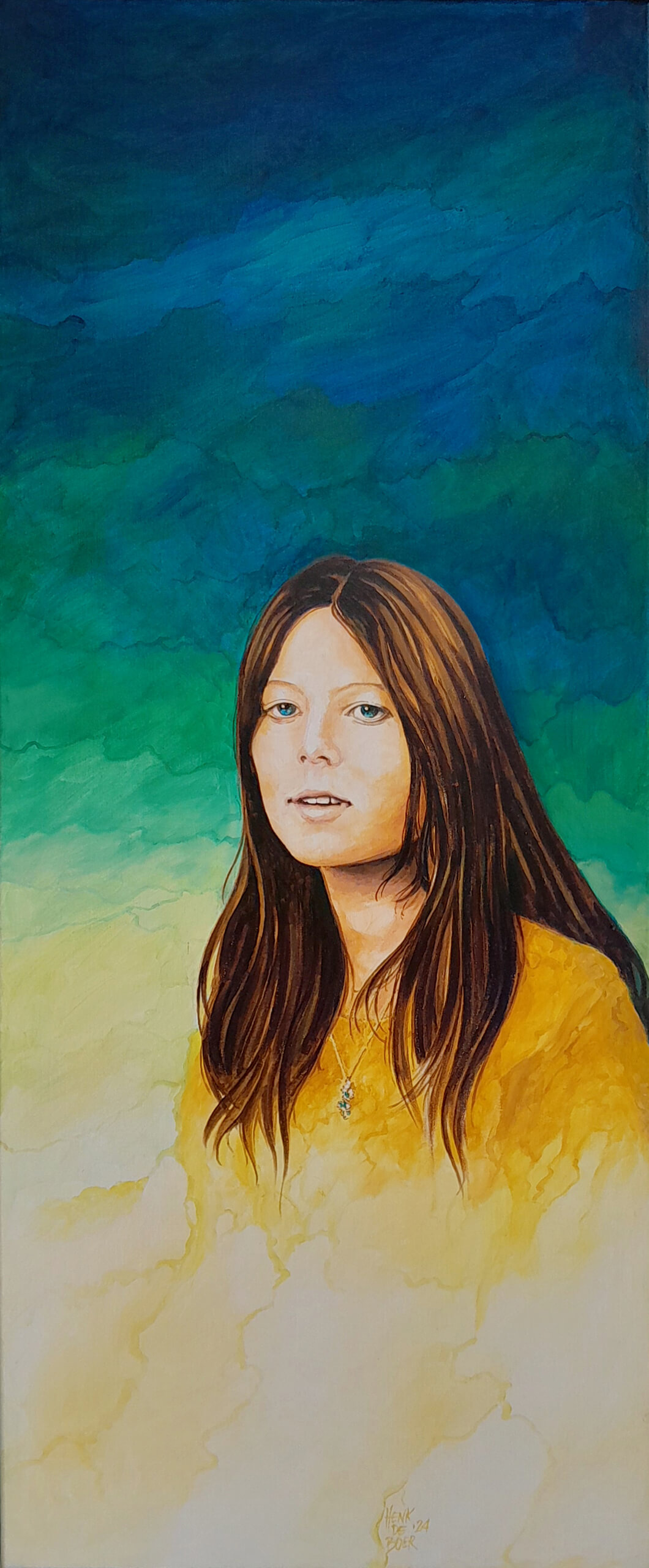  acryl - portret yn blau/ giel 